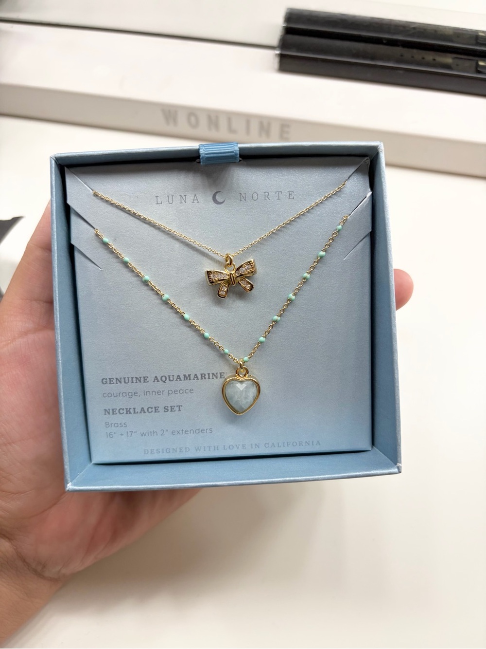 Luna Norte Genuine Aquamarine Heart & Bow Gold Necklace Set